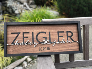 Family name sign 3d personalized wedding sign, anniversary or Valentine’s Day gift