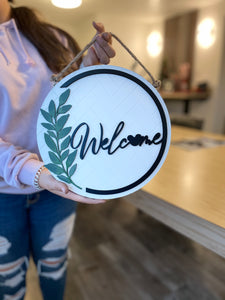 Welcome Home, subtle Fan Art flair Bright crisp white with black and hand painted green leaf Fan Art home decor Fan Art door hanger wall decor.