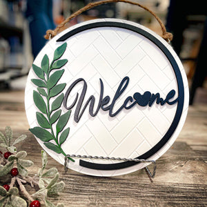Welcome Home, subtle Fan Art flair Bright crisp white with black and hand painted green leaf Fan Art home decor Fan Art door hanger wall decor.