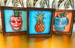Trader Sams inspired Tiki Mug art, Hippopotomai Tai, Zombie, and fresh Pineapple, art piece, Enchanted tiki room, Magical fan art decor set of 3