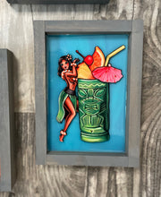 Load image into Gallery viewer, Tiki Wahine, Hula Pin up Girl with Tiki Mug art. Classic Mid Century pinup style, kitschy decor. Great for your home bar, Sailor Jerry flash