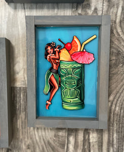 Tiki Wahine, Hula Pin up Girl with Tiki Mug art. Classic Mid Century pinup style, kitschy decor. Great for your home bar, Sailor Jerry flash