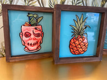 Load image into Gallery viewer, Trader Sams inspired Tiki Mug art, Hippopotomai Tai, Zombie, and fresh Pineapple, art piece, Enchanted tiki room, Magical fan art decor set of 3