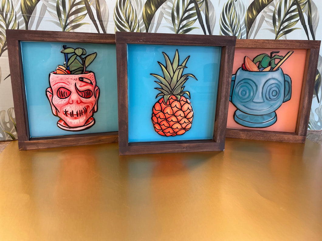 Trader Sams inspired Tiki Mug art, Hippopotomai Tai, Zombie, and fresh Pineapple, art piece, Enchanted tiki room, Magical fan art decor set of 3