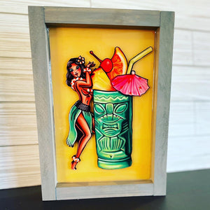 Tiki Wahine, Hula Pin up Girl with Tiki Mug art. Classic Mid Century pinup style, kitschy decor. Great for your home bar, Sailor Jerry flash