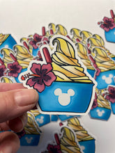 Load image into Gallery viewer, Dole whip Magical fan art Sticker, weather proof,  for laptops, Water bottles, and fun! Hand drawn Magical fan art style Art! Mickey Mouse ears Magical fan art snacks