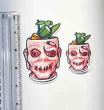 Load image into Gallery viewer, Trader Sams Zombie tiki Mug vinyl laminated sticker, weather proof,  and water resistant! Magical fan art style shrunken head tiki mug