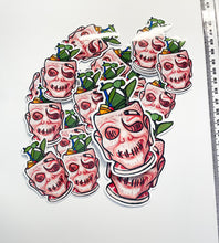 Load image into Gallery viewer, Trader Sams Zombie tiki Mug vinyl laminated sticker, weather proof,  and water resistant! Magical fan art style shrunken head tiki mug