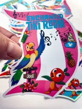 Load image into Gallery viewer, Enchanted Tiki Room D Sticker, weather proof,  water resistant for laptops, Water bottles, and fun! Hand drawn Magical fan art style art. Magical fan artland
