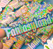 Load image into Gallery viewer, Fantasyland pastel glitter holographic Waterproof Sticker! Fun pastel colors in Classic Magical fan artland Style Marquee Lettering