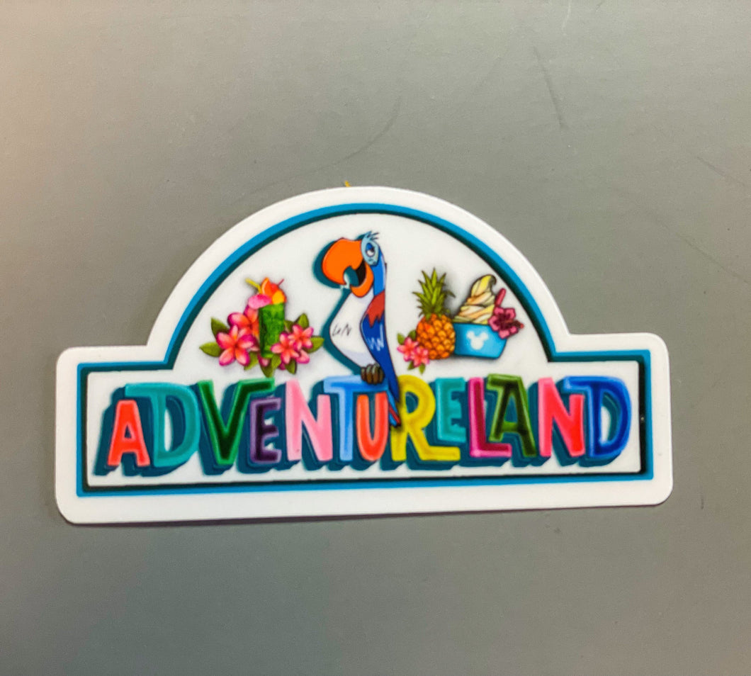 Rainbow Adventureland with Enchanted Tiki room Jose, Magical fan art Parks handdrawn art Waterproof Sticker for laptops, Water bottles, And Fun!