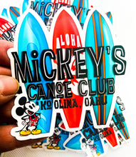 Load image into Gallery viewer, Mickeys Canoe Club, Travel Surf-art sticker Magical fan art Aulani Resort, Mickey Mouse surfboard vinyl, waterproof Sticker!